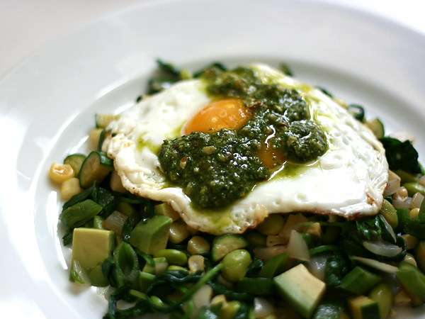 Sauteed Green Vegetables with Fried Egg and Arugula Walnut Pesto {recipe} - Green Eggs and Him