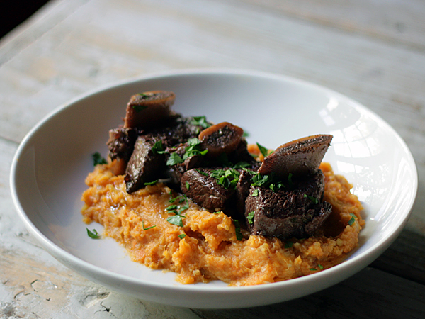 Barolo braised short ribs on mashed sweet potatoes