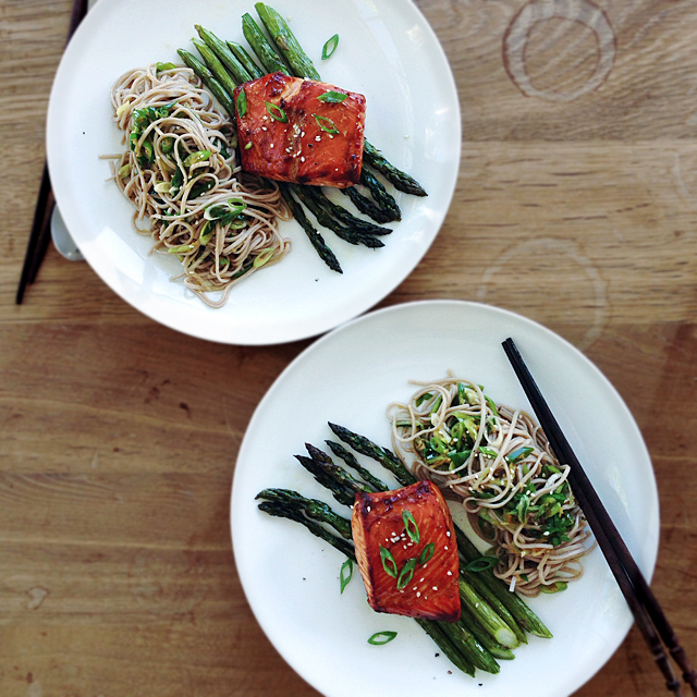 miso salmon and asparagus with soba noodles
