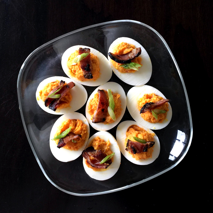 Kimchi Deviled Eggs with Bacon and Scallions