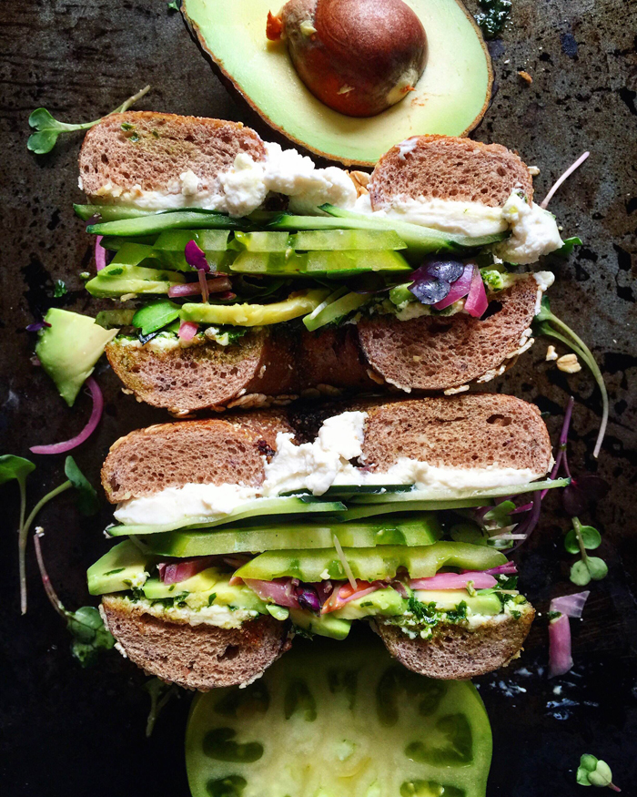 kale pesto on vegan bagel sandwich