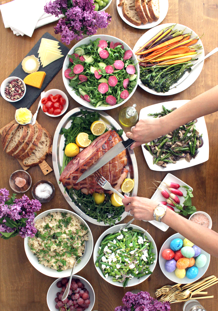 bourbon maple glazed easter ham dinner table