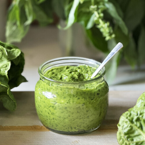 avocado green goddess in glass container