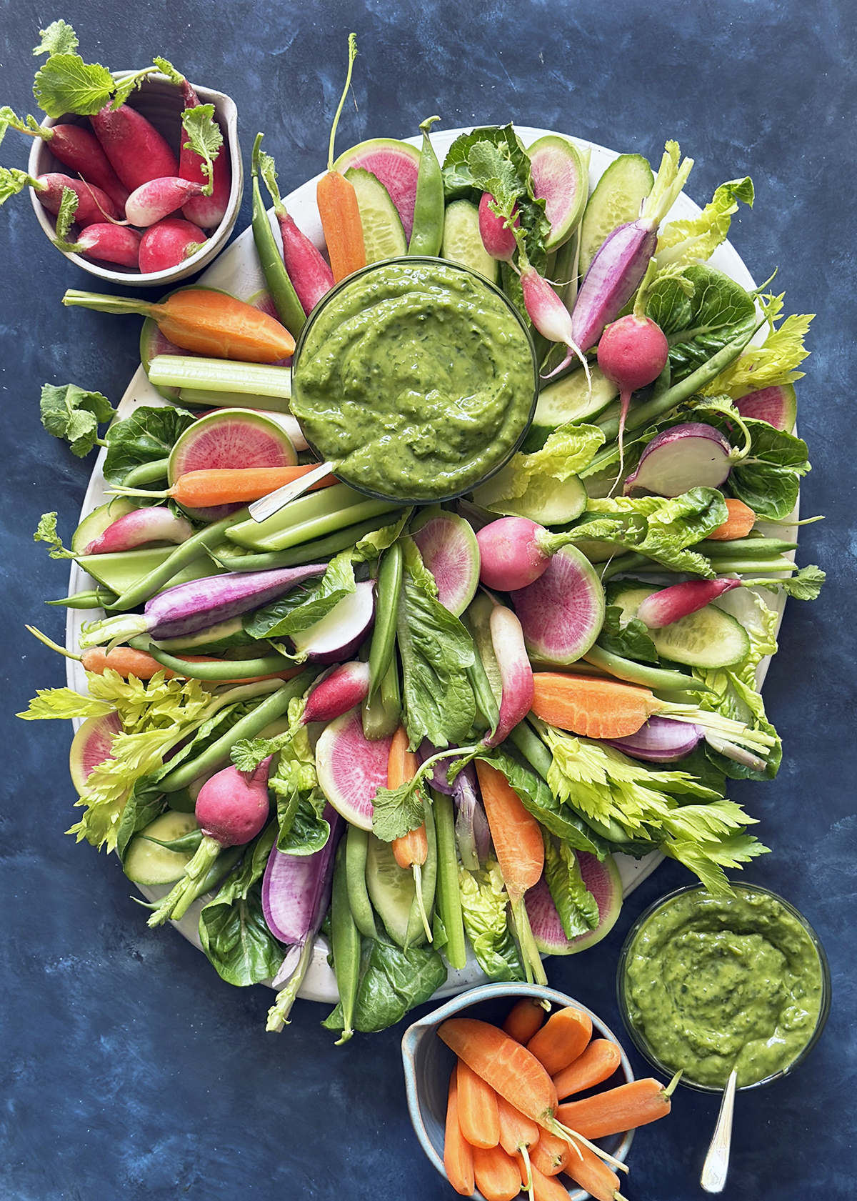 avocado green goddess dip with crudites