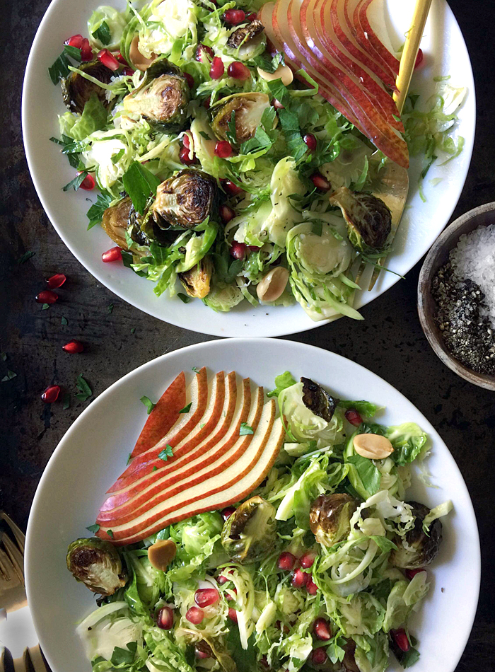 shaved brussels sprouts and roasted pears salad