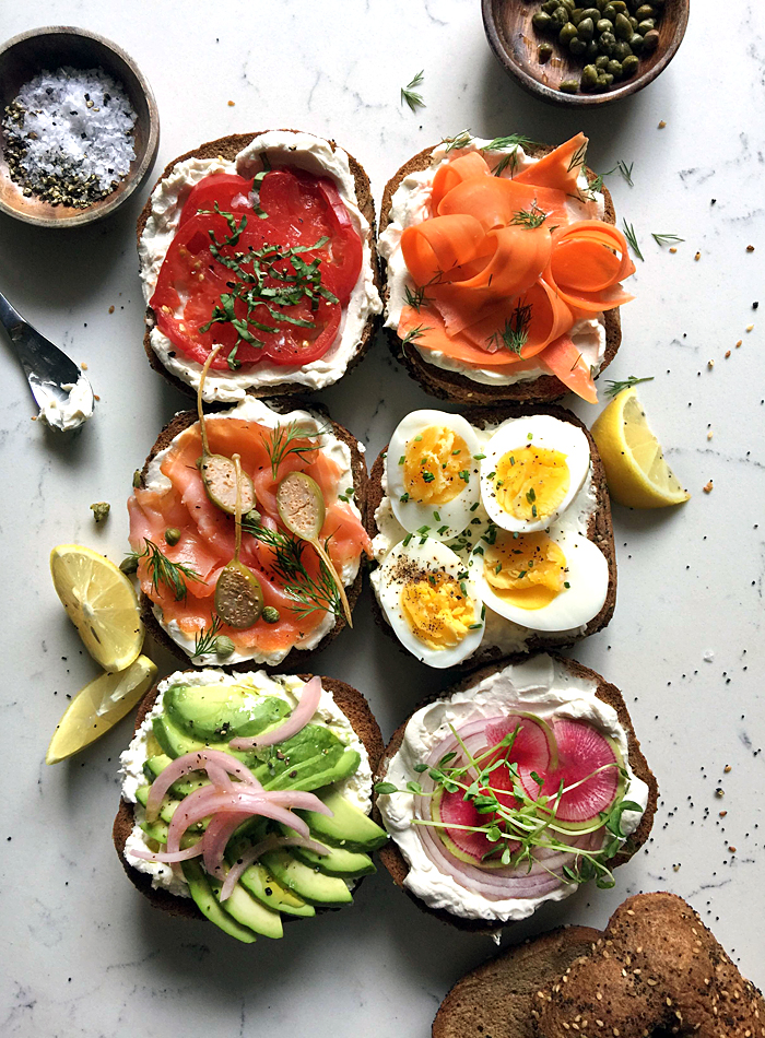 smoked salmon cream cheese topped bagels