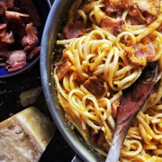 butternut squash carbonara pasta with bacon and sage