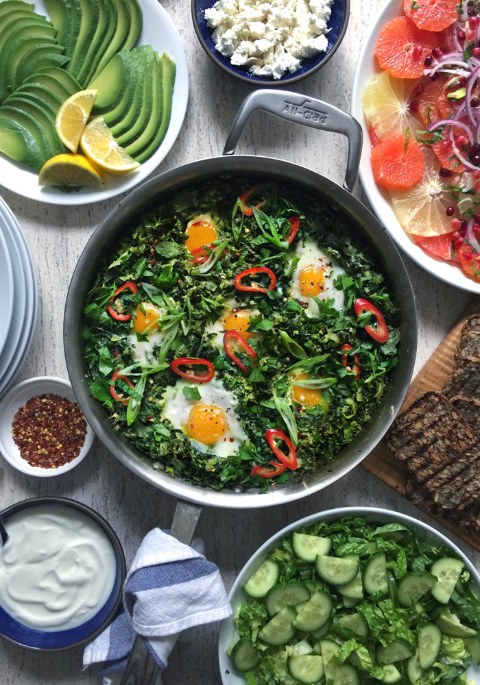 green shakshuka with chard kale zucchini