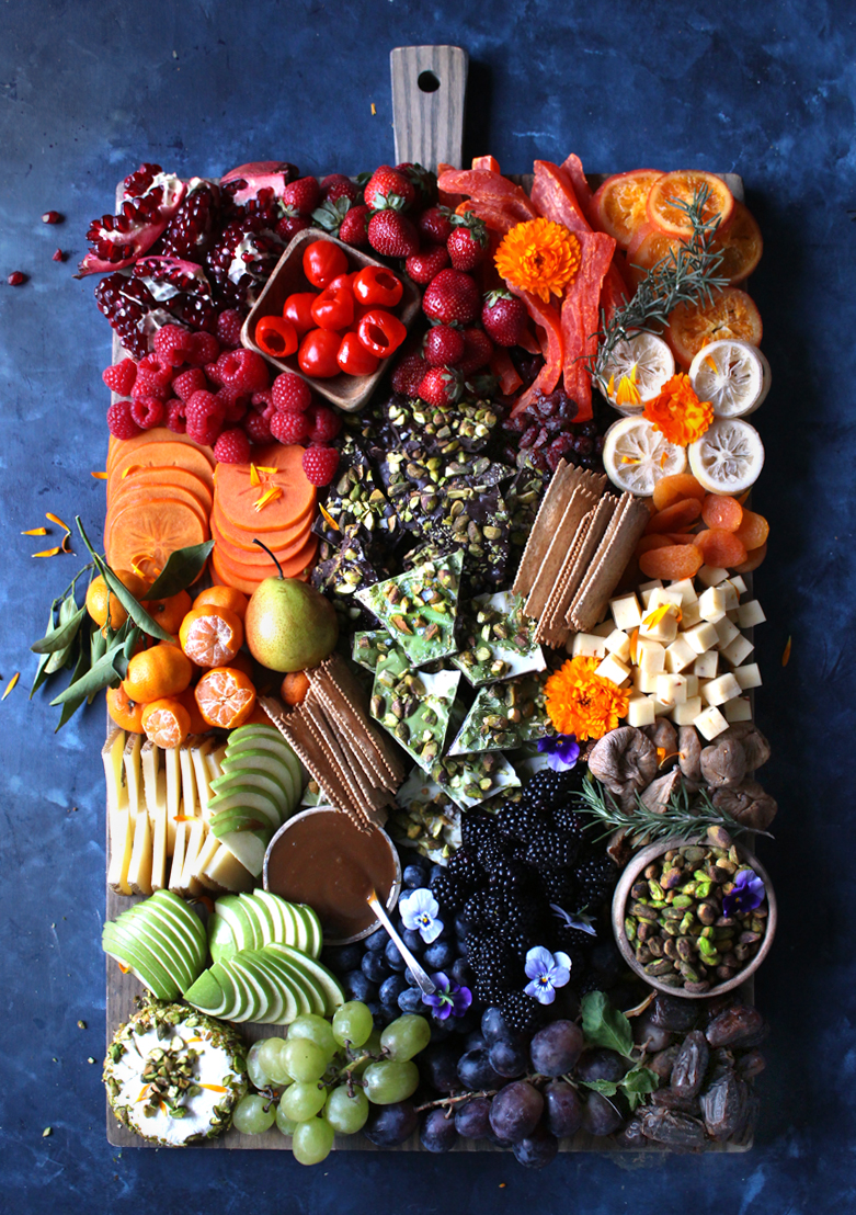 dessert cheeseboard with dark chocolate and matcha chocolate bark