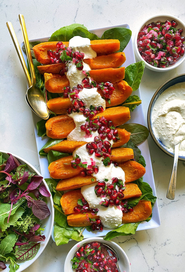 roasted butternut squash with whipped feta pomegranate molasses