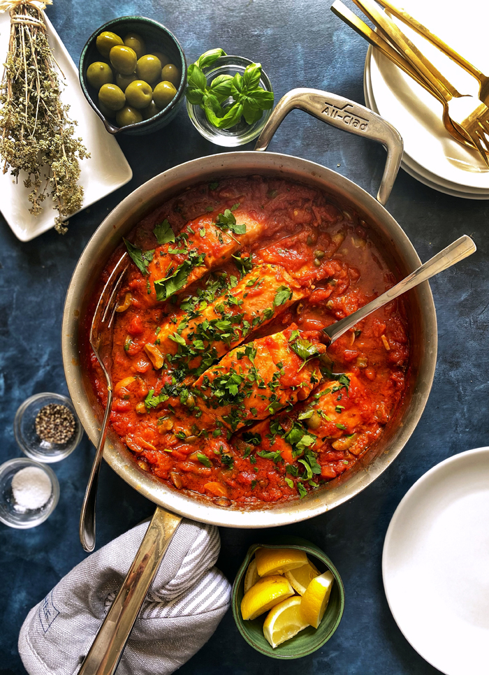 salmon puttanesca, in pan