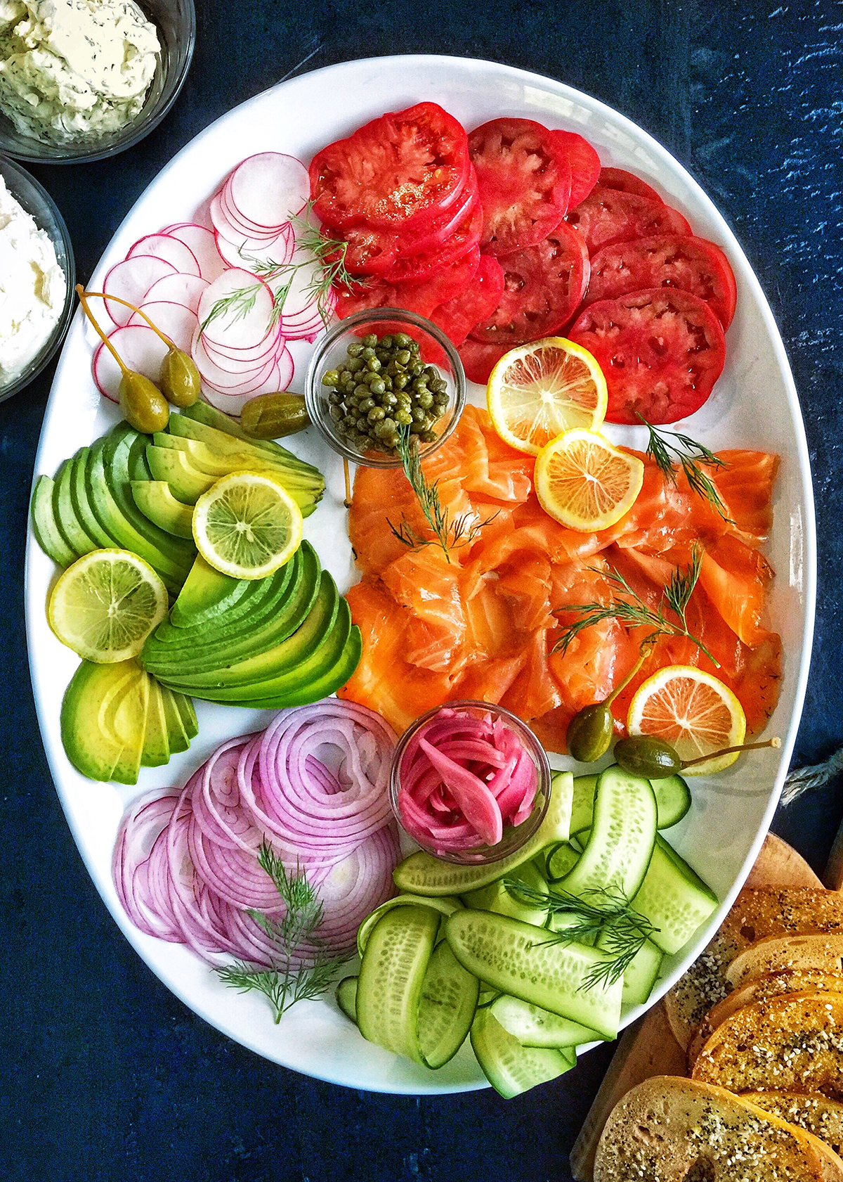 smoked salmon platter, classic on white oval platter