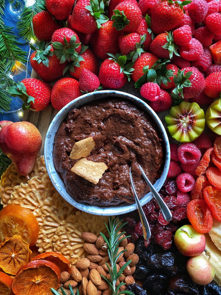 chocolate dessert spread in bowl with strawberries and raspberries