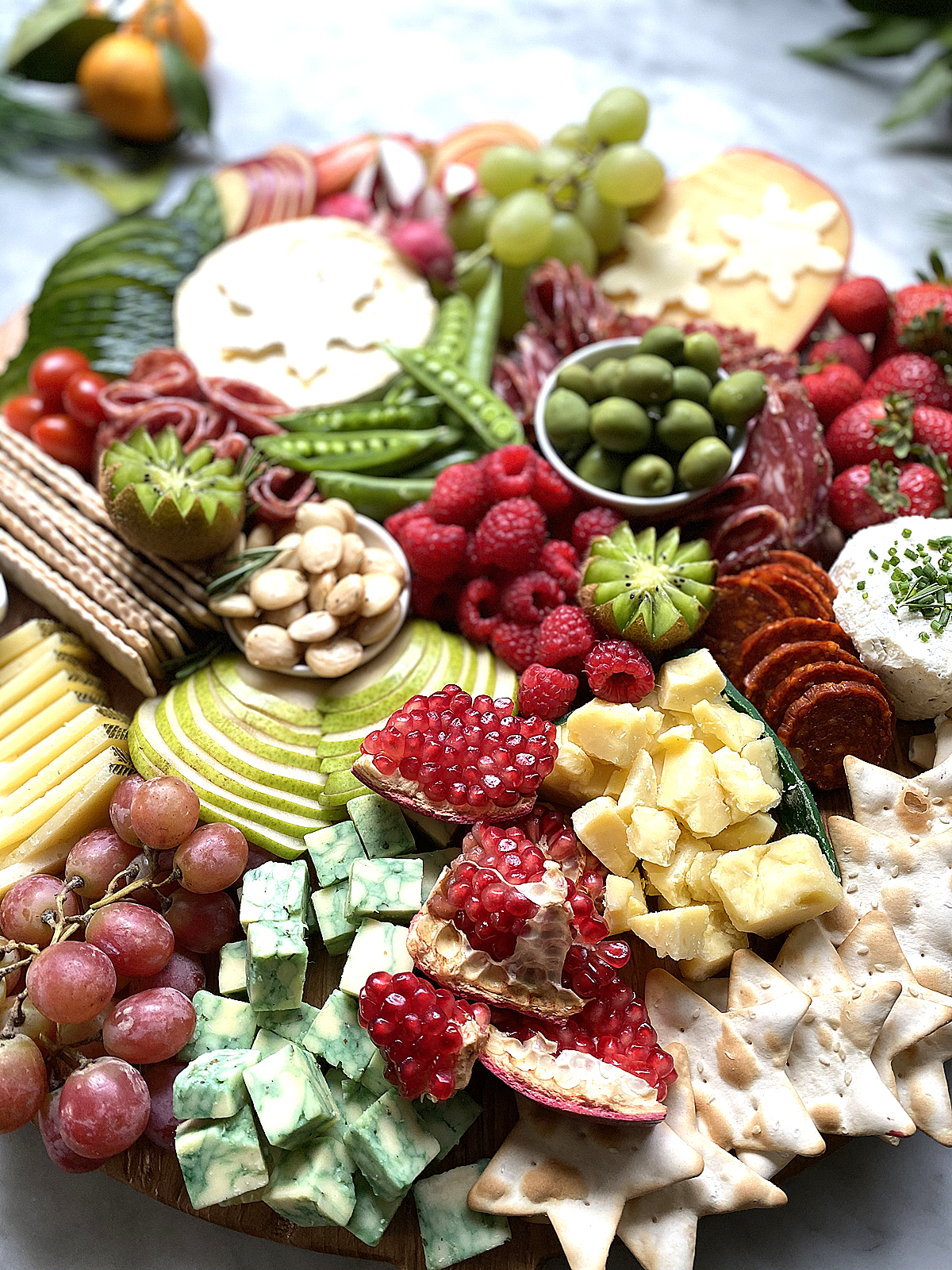 christmas charcuterie board, red and green closeups