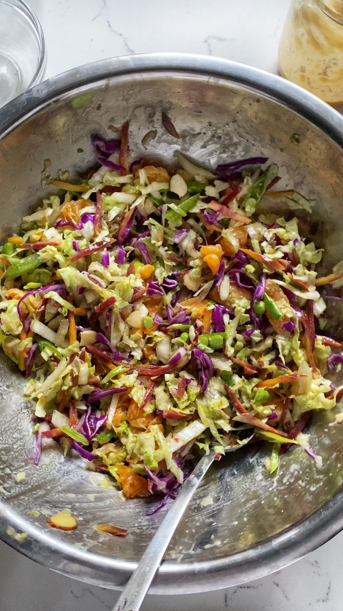 mandarin chicken salad, chopped in bowl