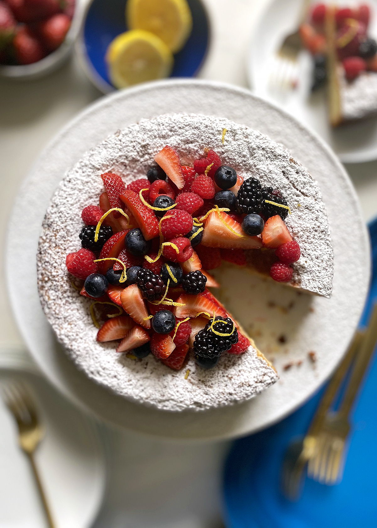 lemon olive oil cake with berries, slice