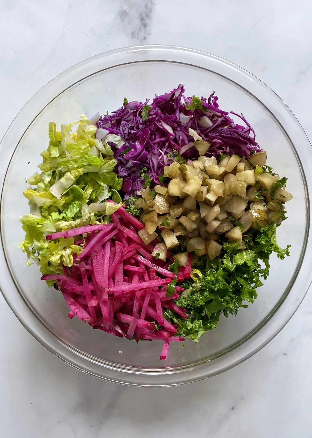 dill pickle chopped salad in mixing bowl