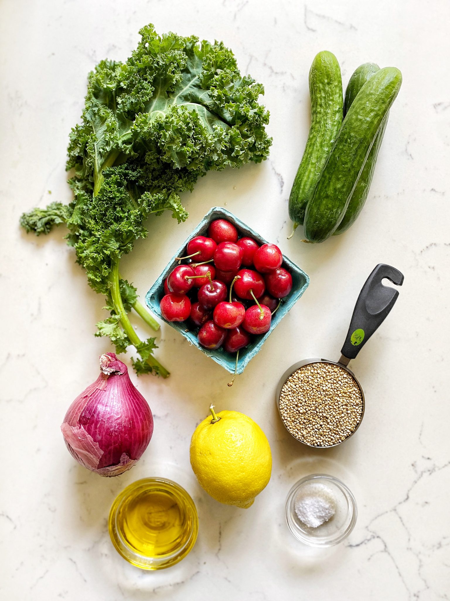 quinoa tabbouleh with kale and cherries, ingredients list mise en place
