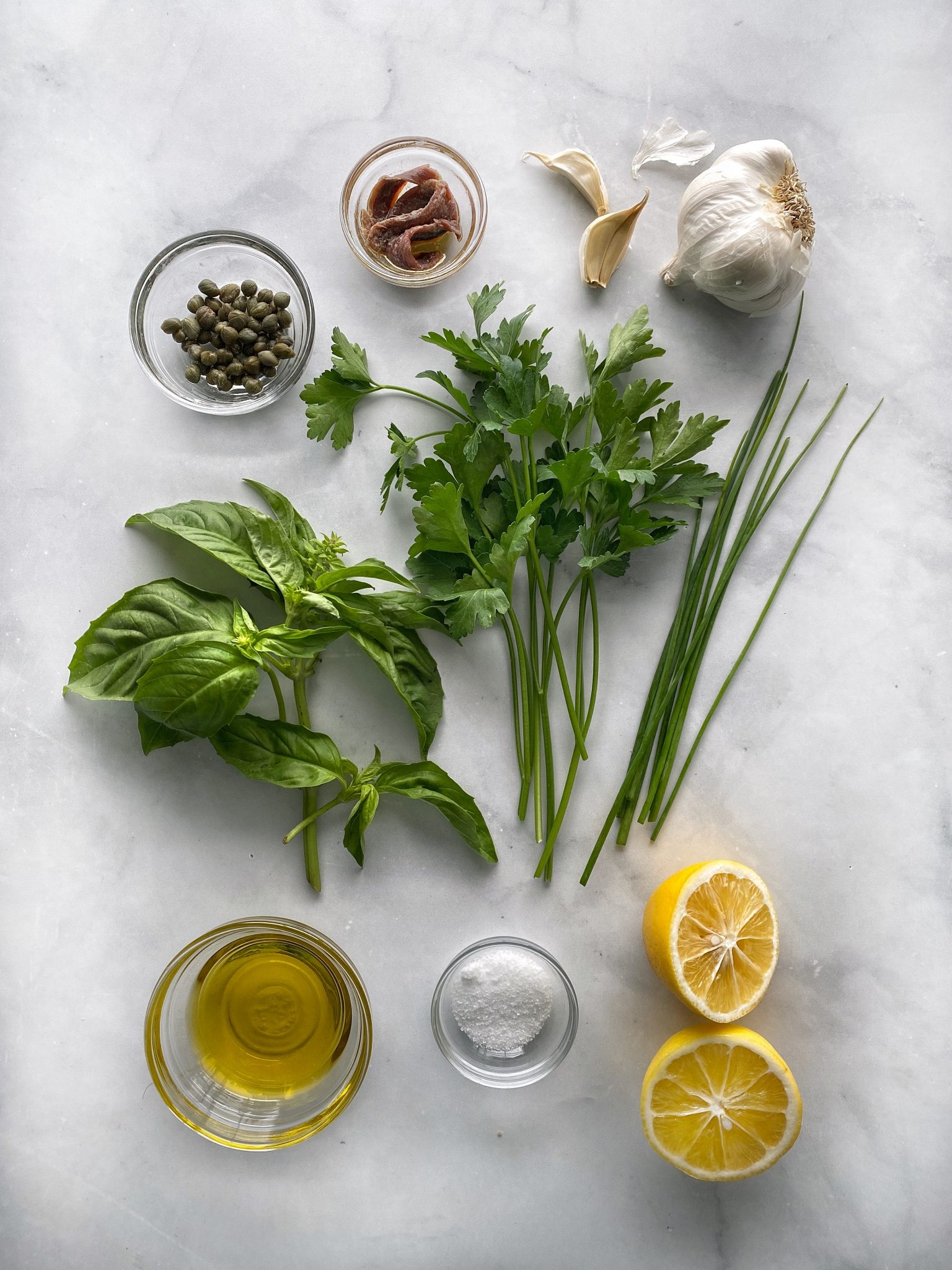 italian salsa verde ingredients mise en place