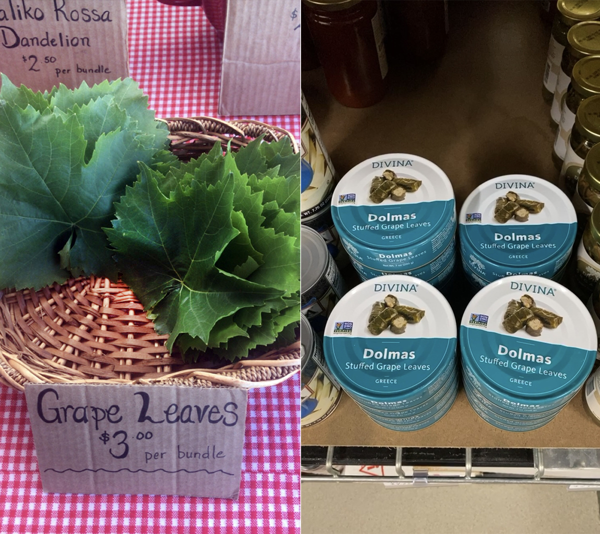 fresh grape leaves at farmers market, canned stuffed grape leaves dolma