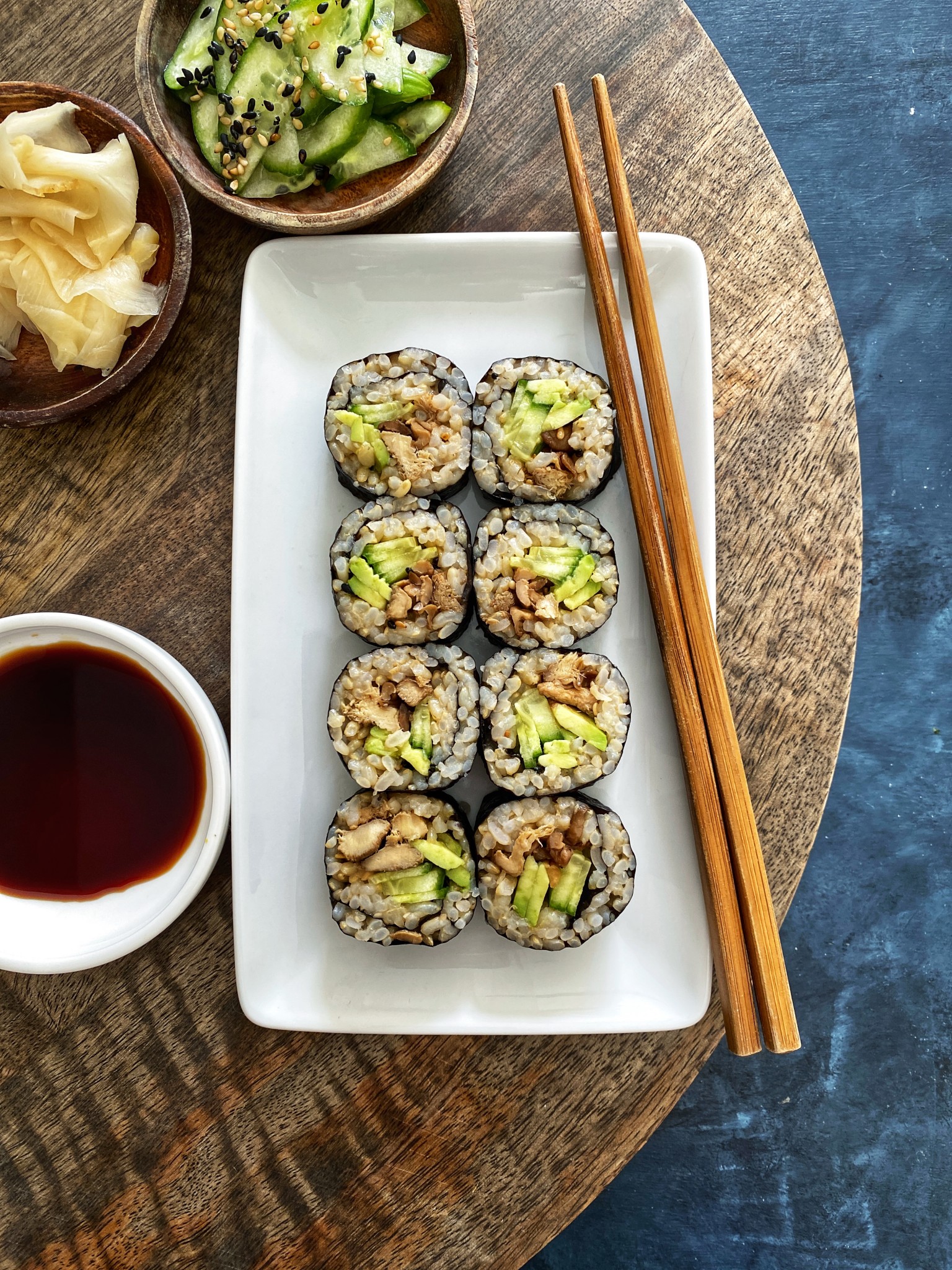 vegan california roll with lion's mane mushrooms