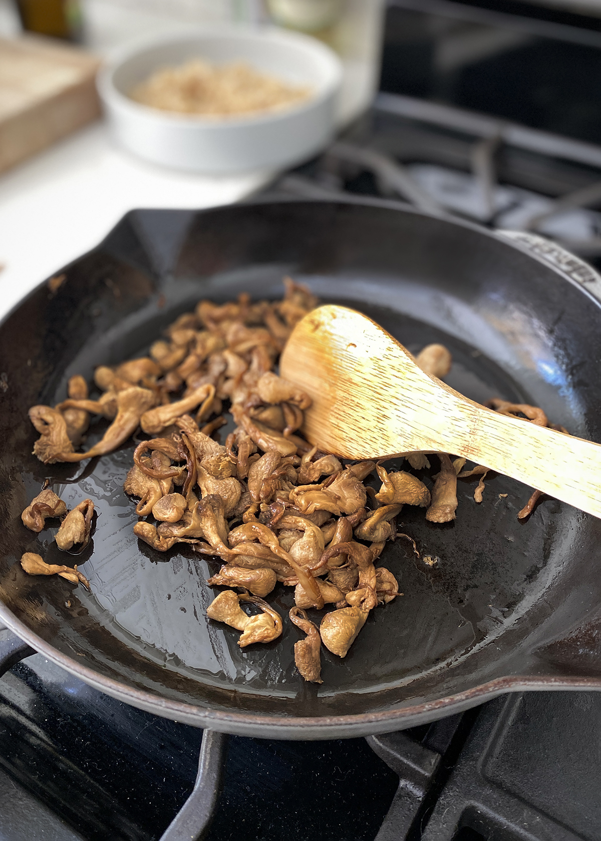 lion's mane mushrooms, sautéed in pan