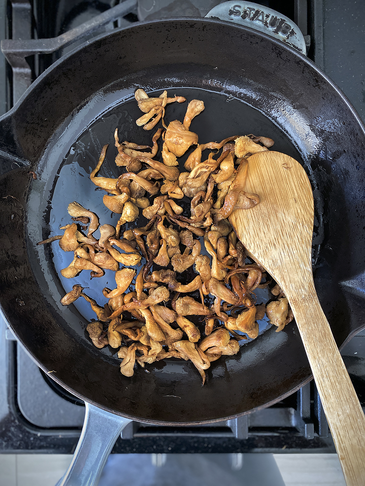 lion's mane mushrooms, sauteed in pan