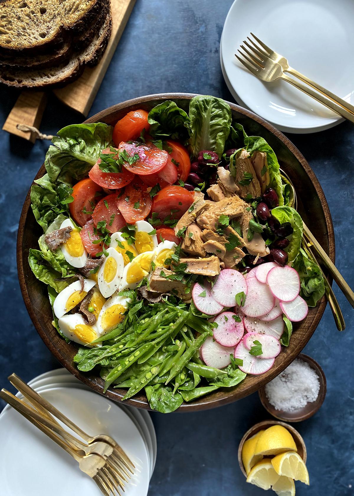 nicoise salad wooden bowl top down