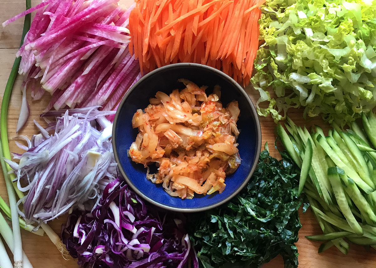 soba salad rainbow vegetables ingredients prepped