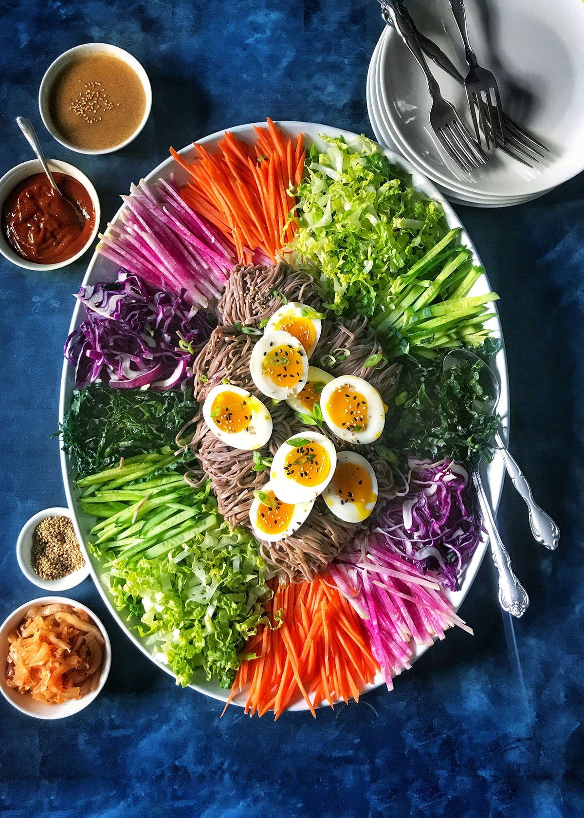 spicy soba salad with rainbow vegetables