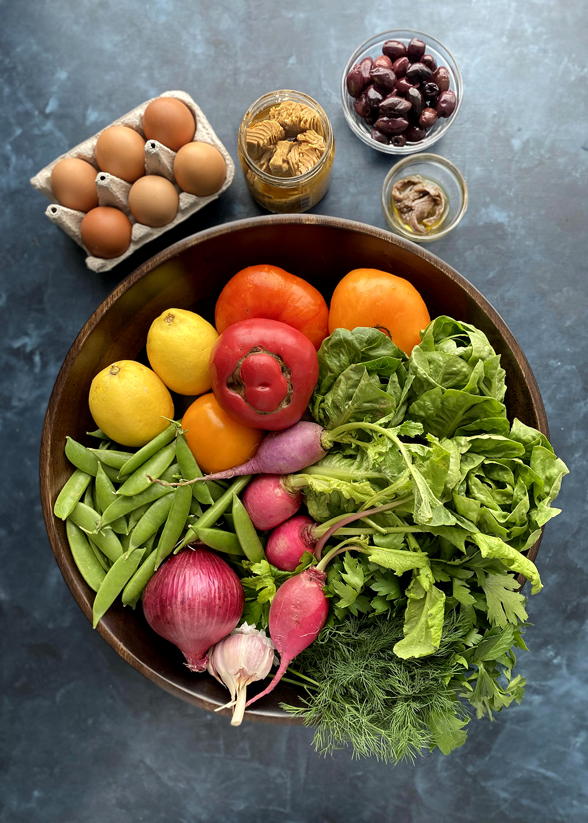 vegetables and ingredients for nicoise salad