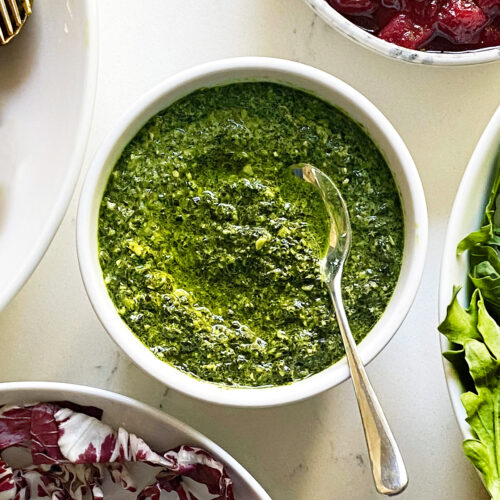 easy kale pesto in white bowl