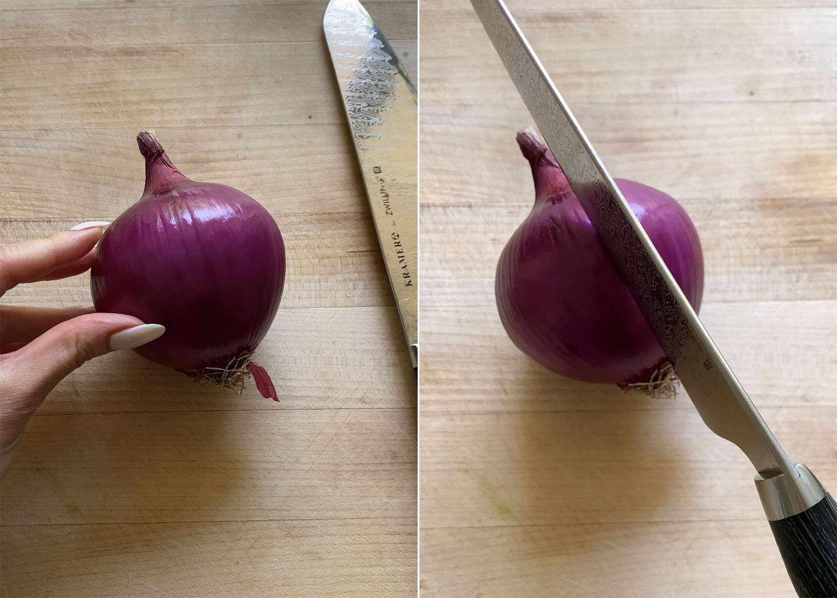 red onion on wooden cutting board, slicing lengthwise