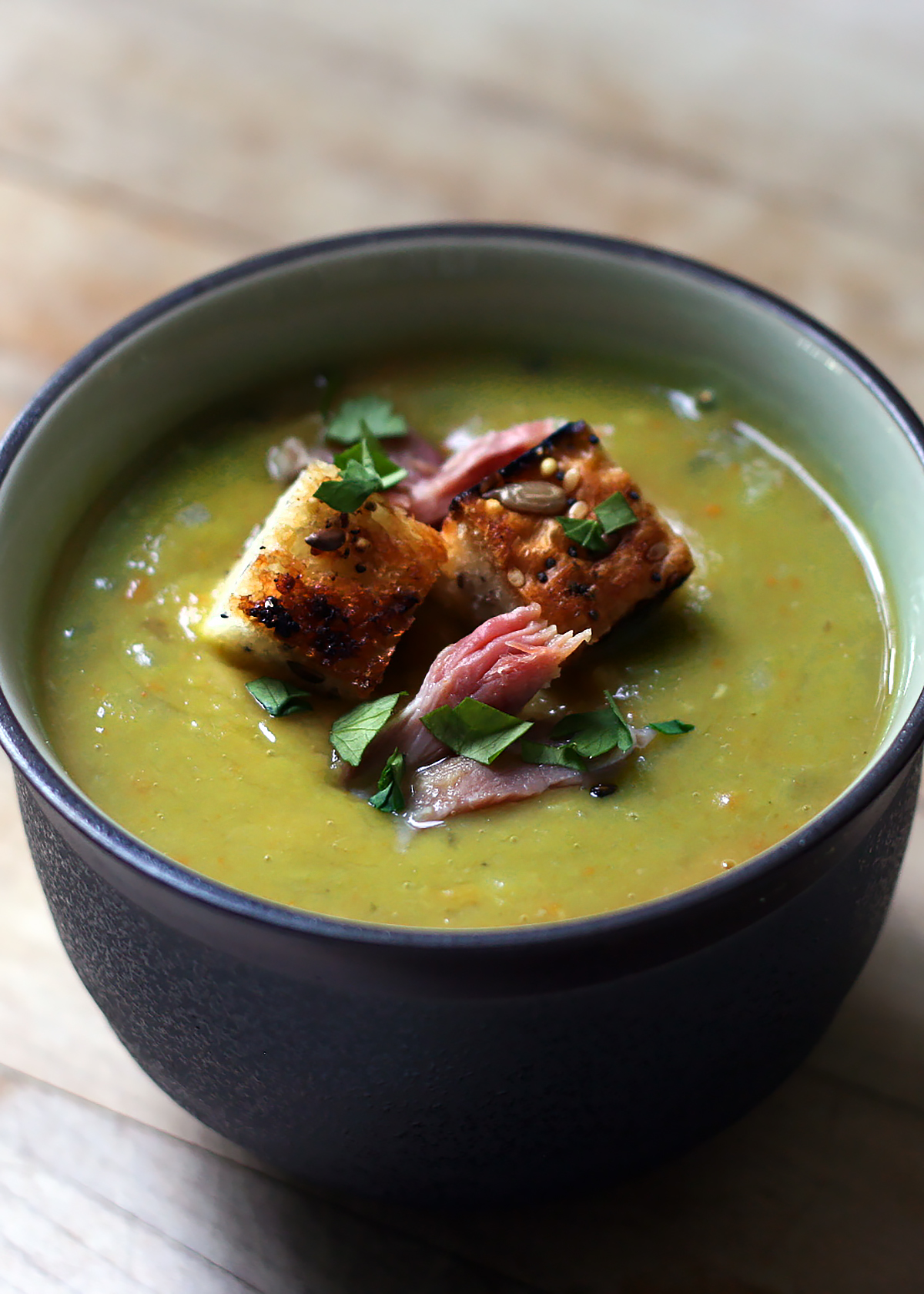 split pea soup with crouton garnish