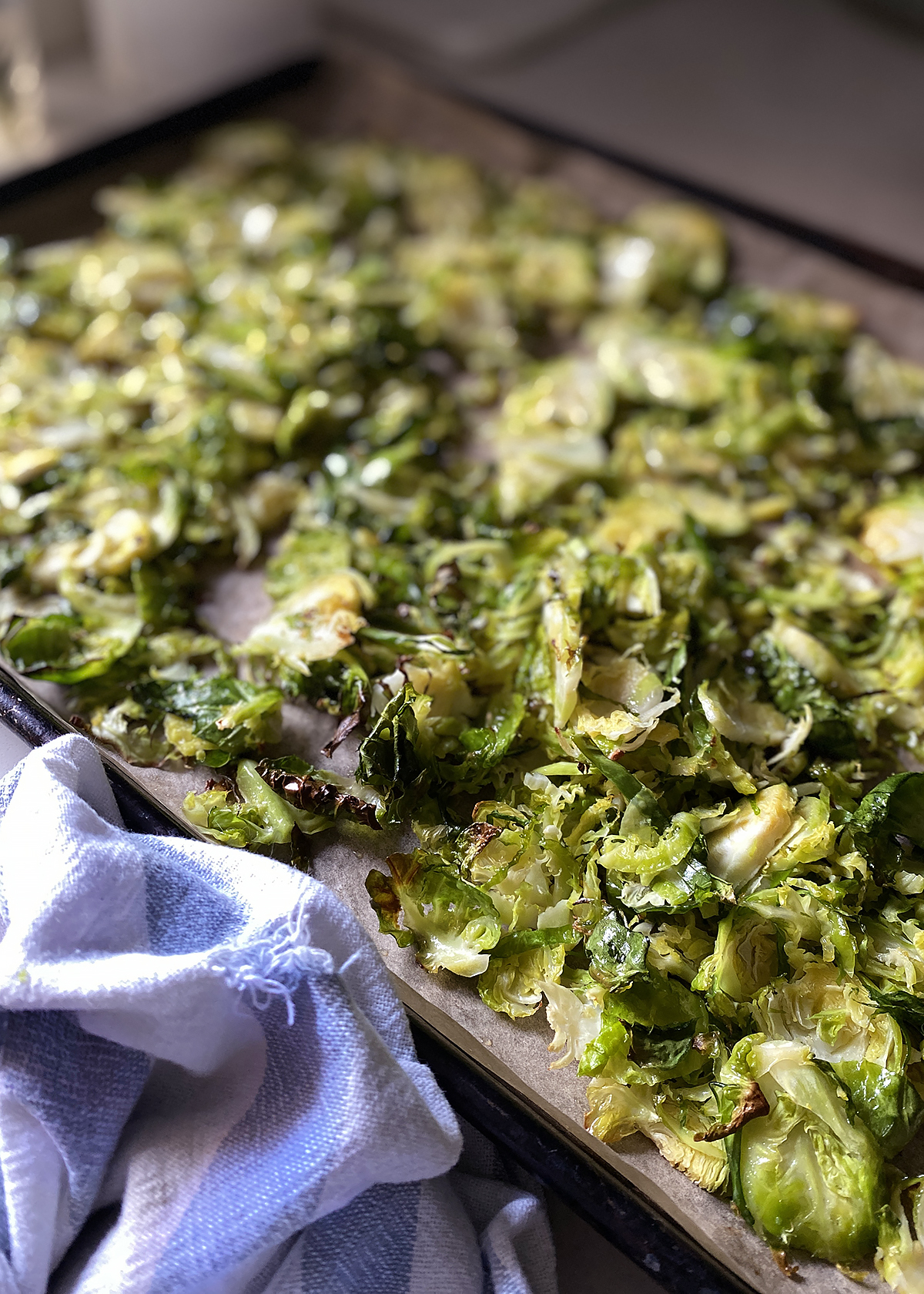 crispy shredded brussels sprouts on baking sheet