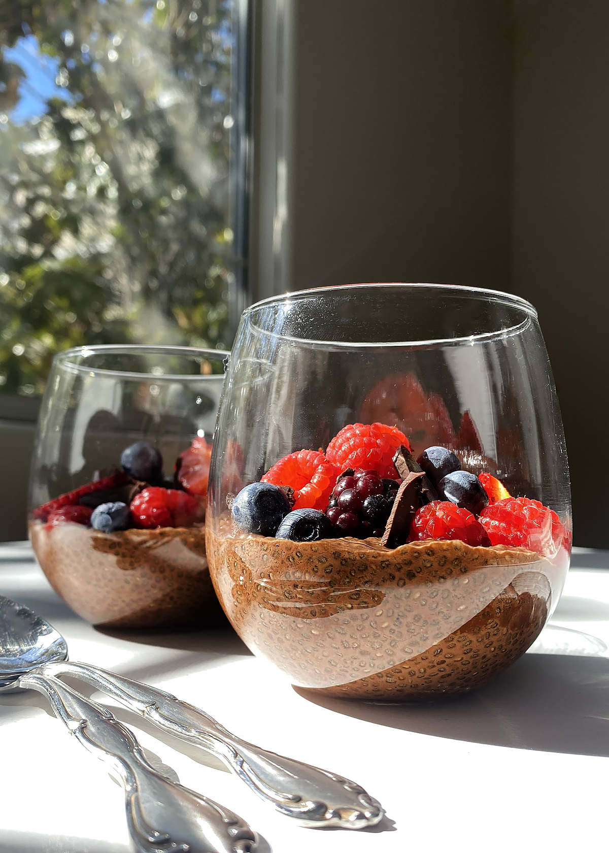 chocolate chia pudding with fruit in cups