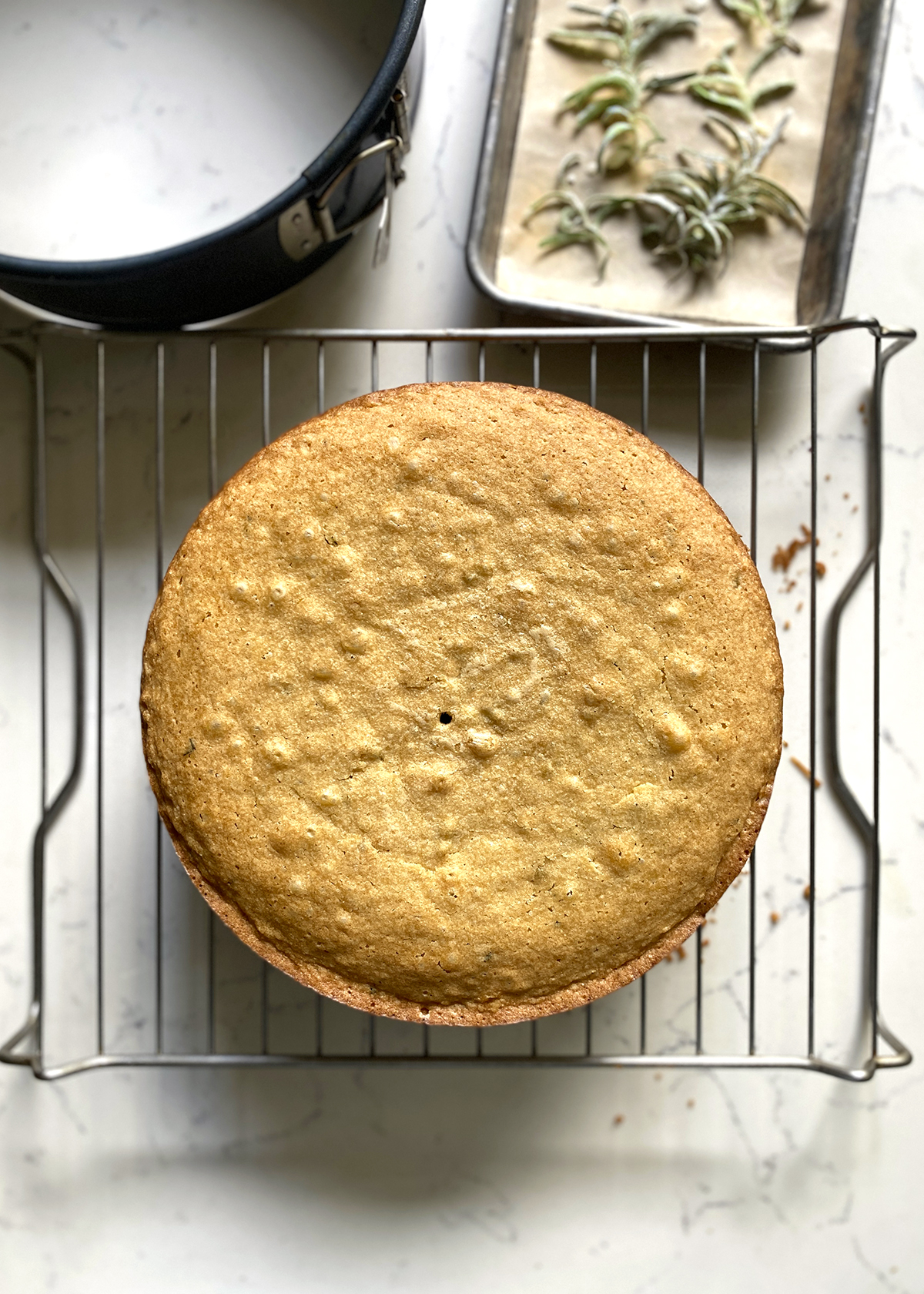 rosemary olive oil cake cooling on wire rack