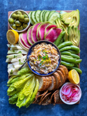 smoked salmon dip claude monet recipe, with crudites, crackers, and bread