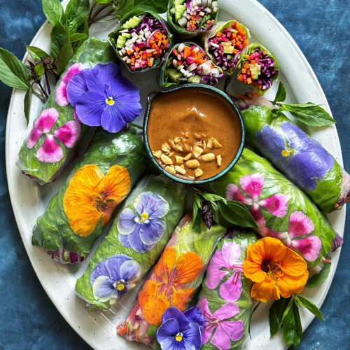 spring rolls with flowers platter