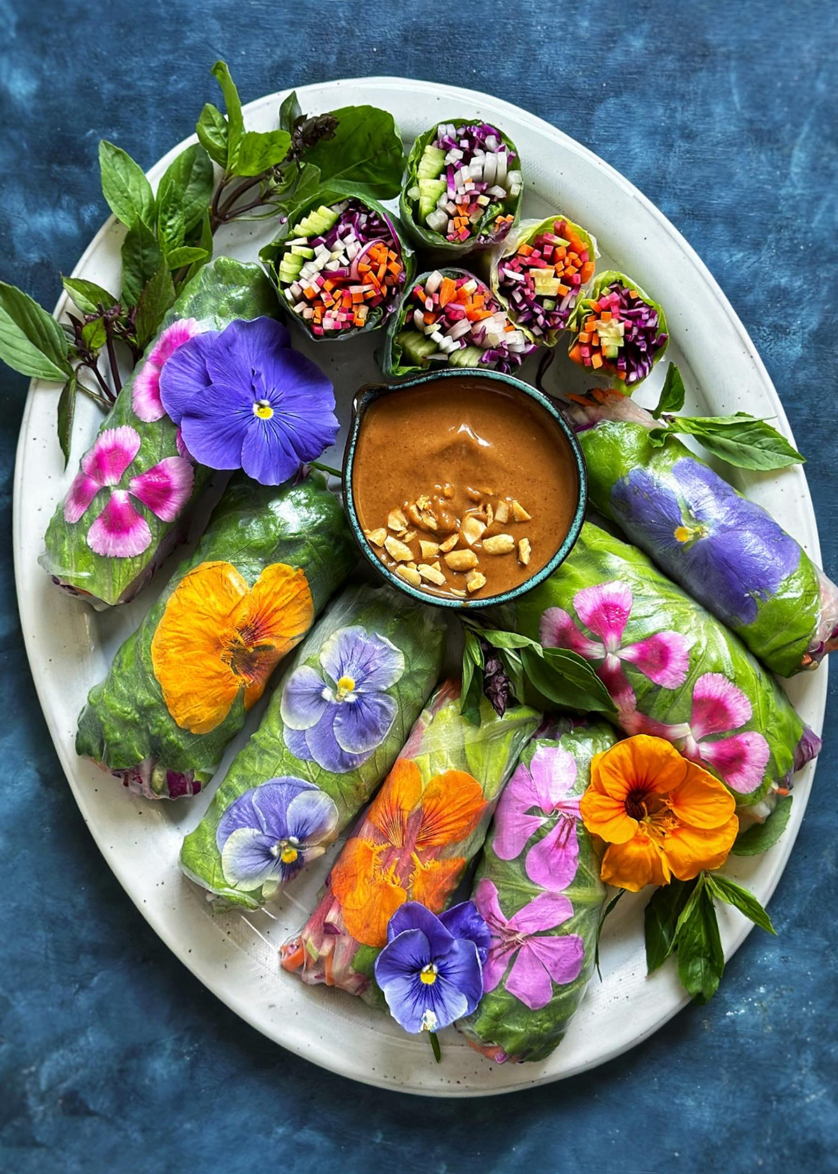 spring rolls with flowers platter