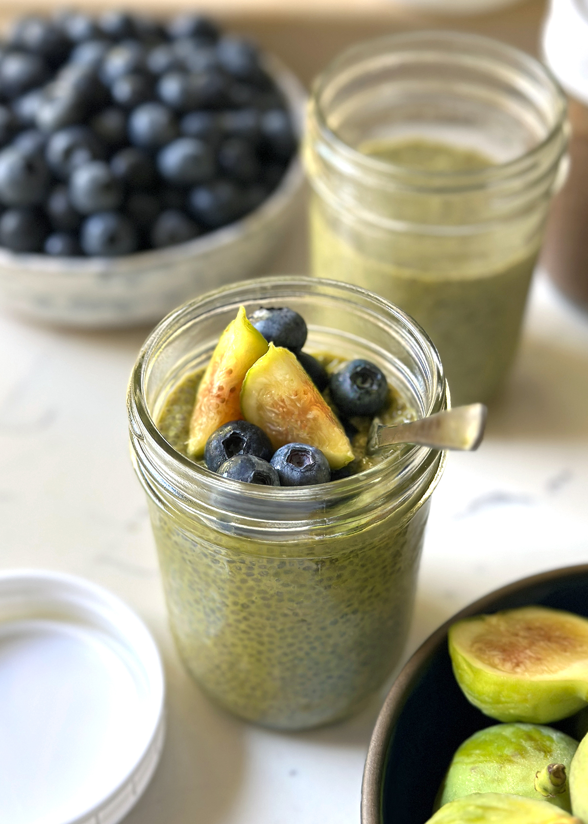 matcha chia seed pudding in jar