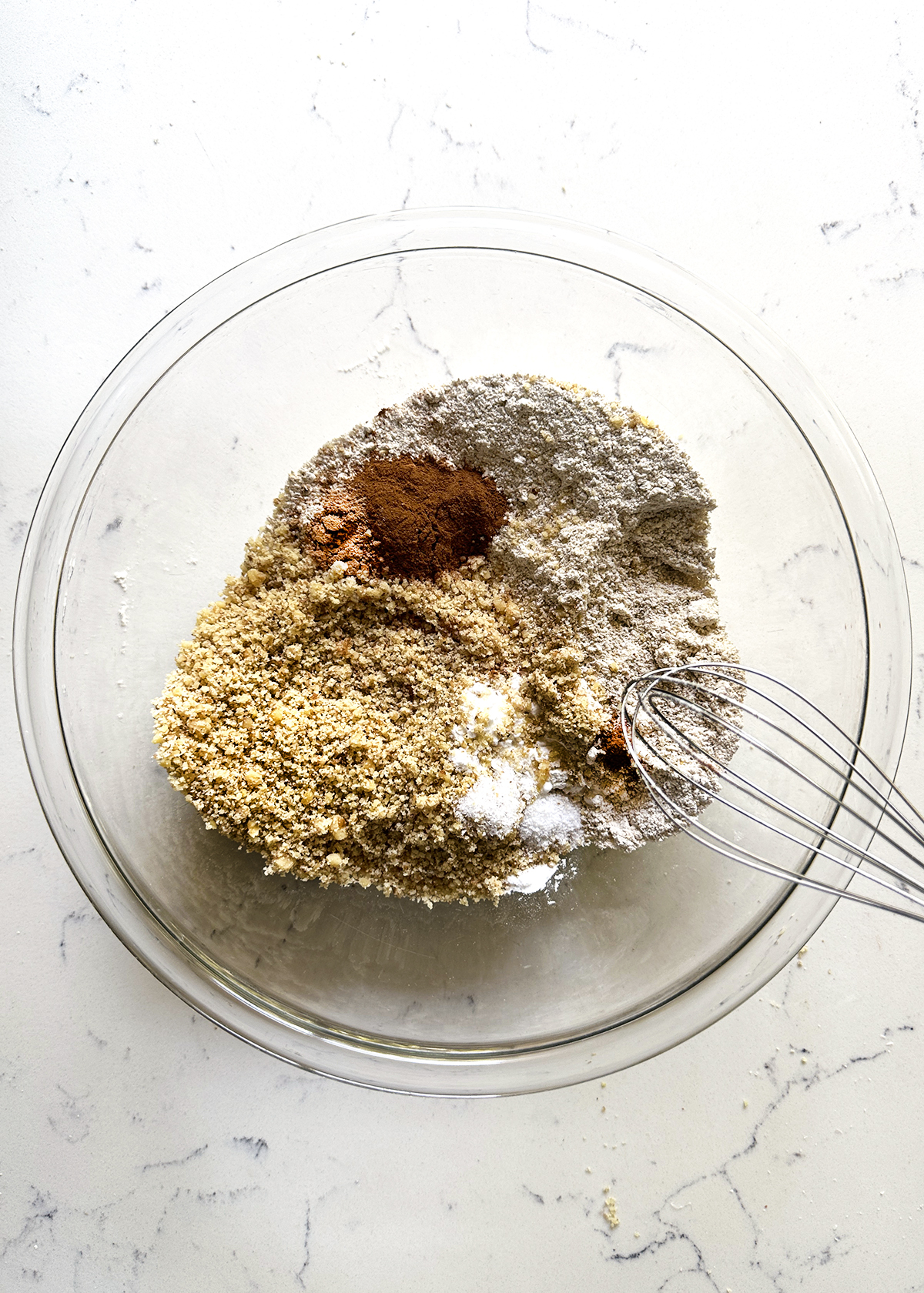 oat walnut flours dry ingredients in glass bowl