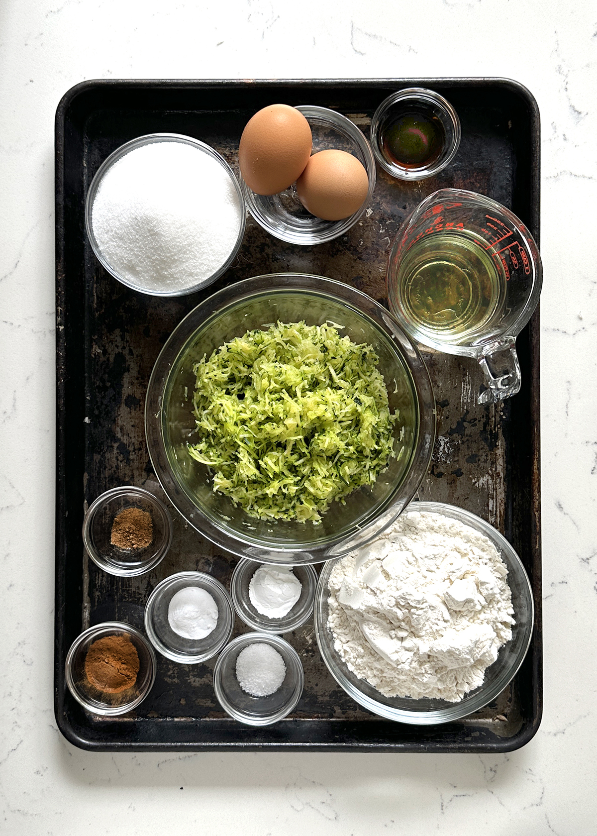 zucchini bread ingredients prepped, mise en place