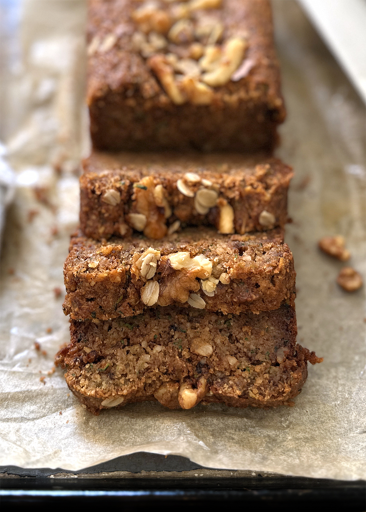 healthy zucchini bread, sliced, closeup