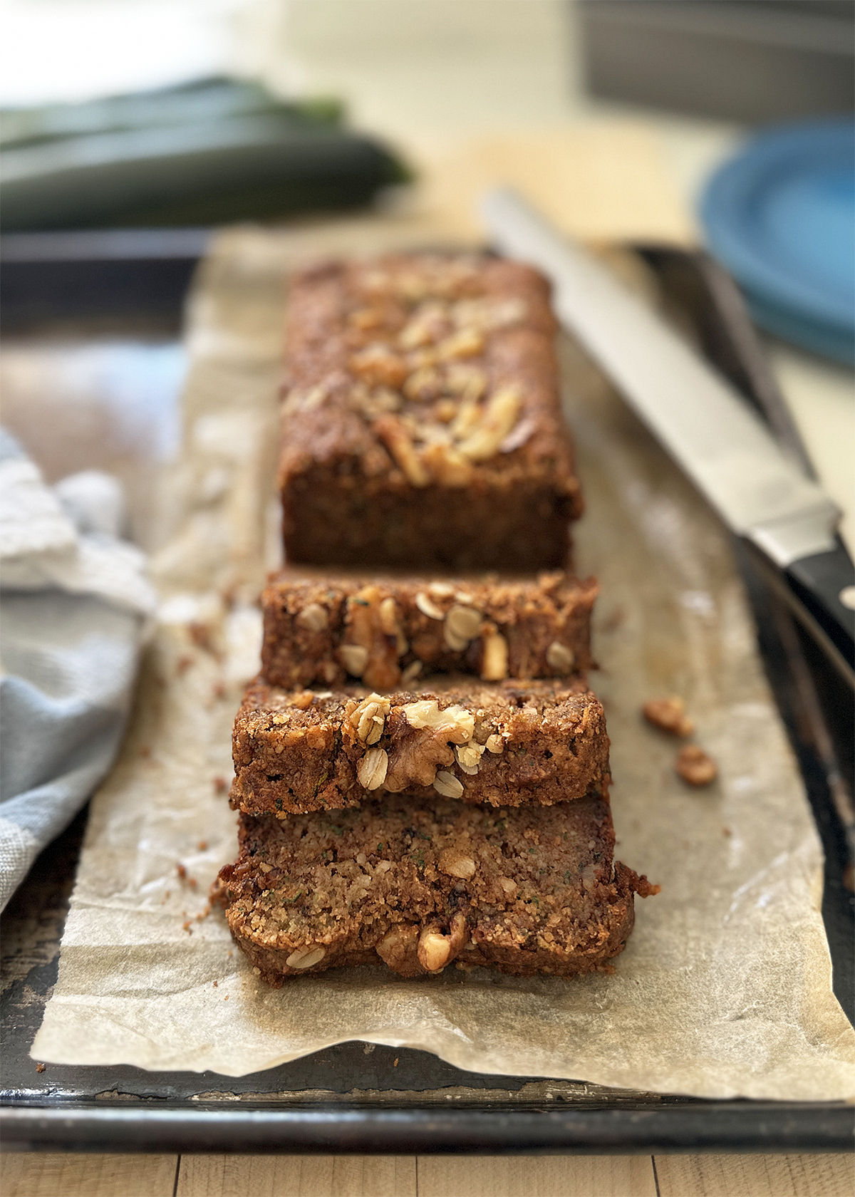 zucchini bread, healthy with oats and walnuts, sliced