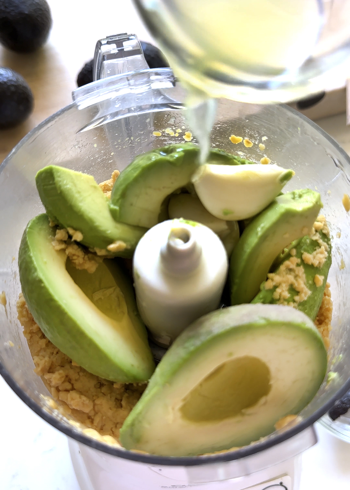 avocado hummus all ingredients in food processor