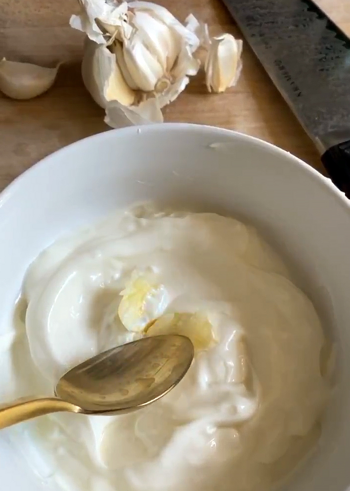 smashed garlic in yogurt