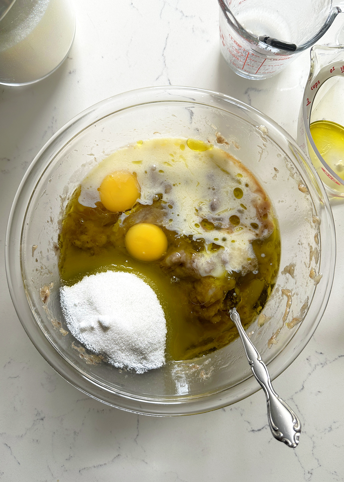 chocolate chip banana bread liquid ingredients in mixing bowl