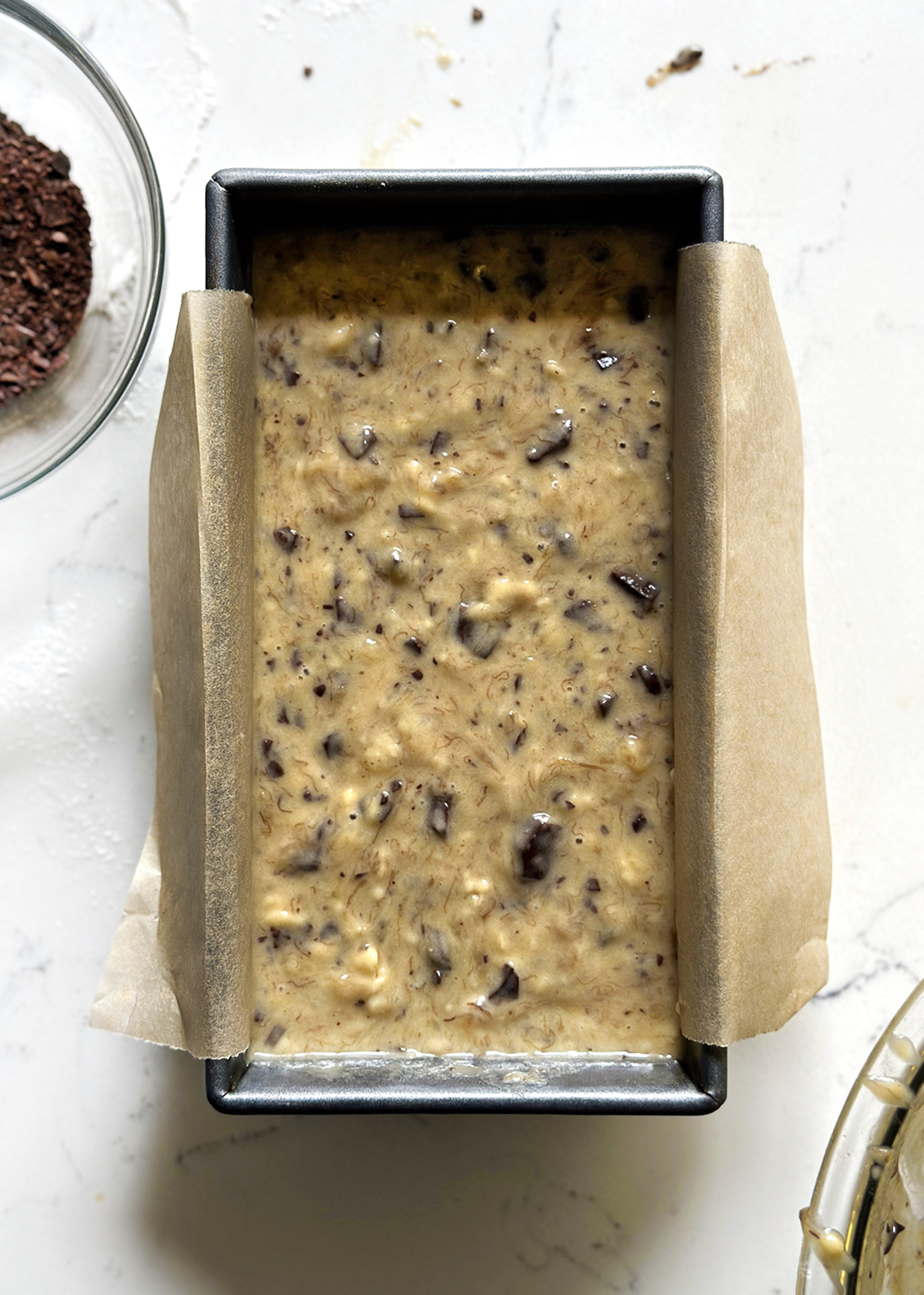 chocolate chip banana bread in loaf pan