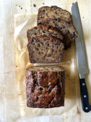 chocolate chip banana bread loaf, sliced